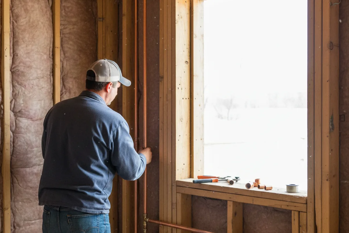 Licensed plumber running new copper supply lines in a New Athens home