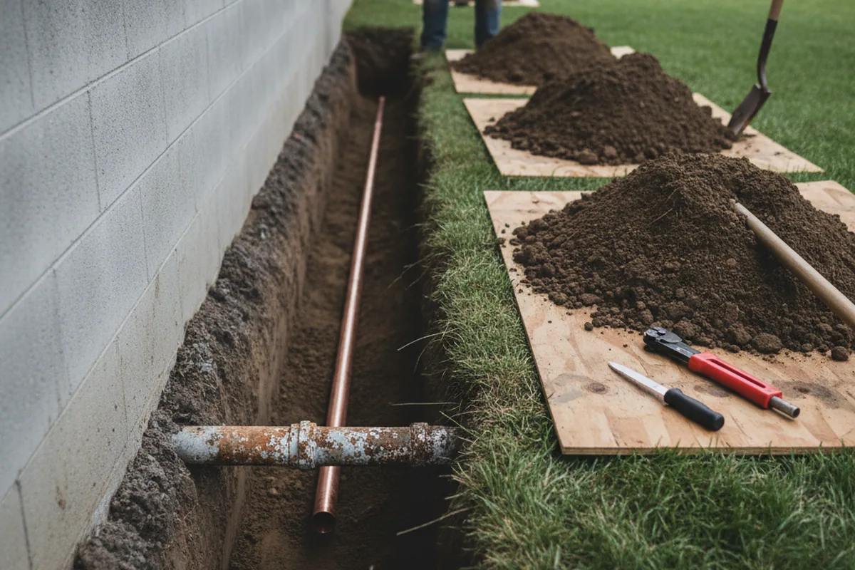Excavated water line trench during Sewer Line Repair in New Athens